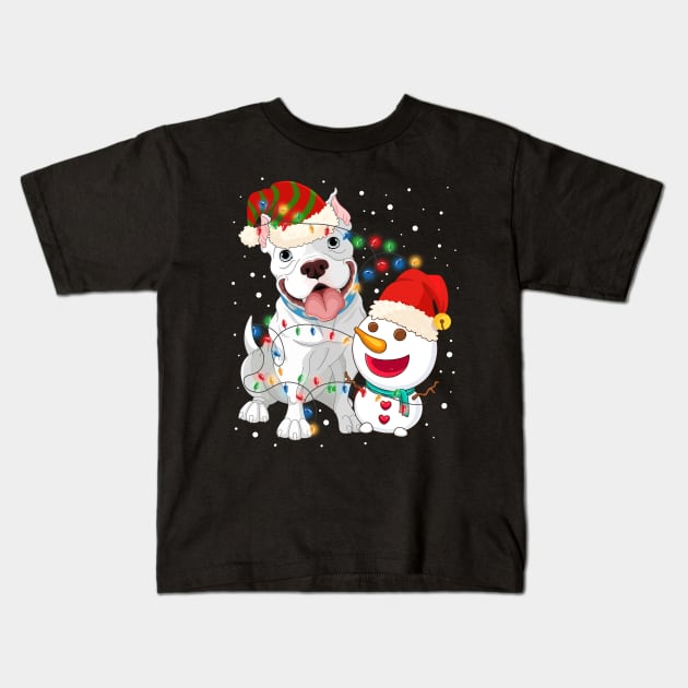 Funny Pitbull Dog Snowman wearing a santa hat Light Tree Christmas Kids T-Shirt by mittievance